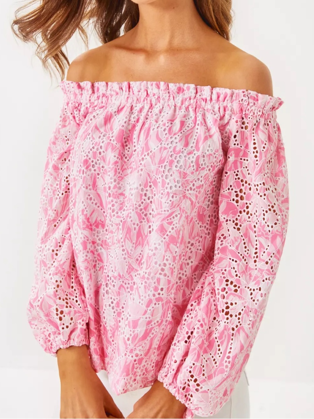 NEW Lilly Pulitzer Jamielynn off shoulder floral eyelet pink top medium